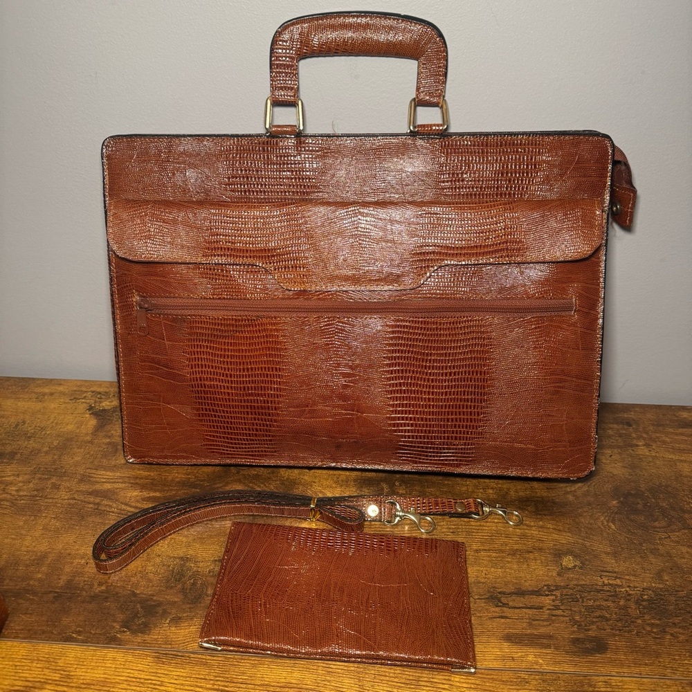 Vintage Lizard Embossed Leather Attache Briefcase Business Card‎ Wallet Set